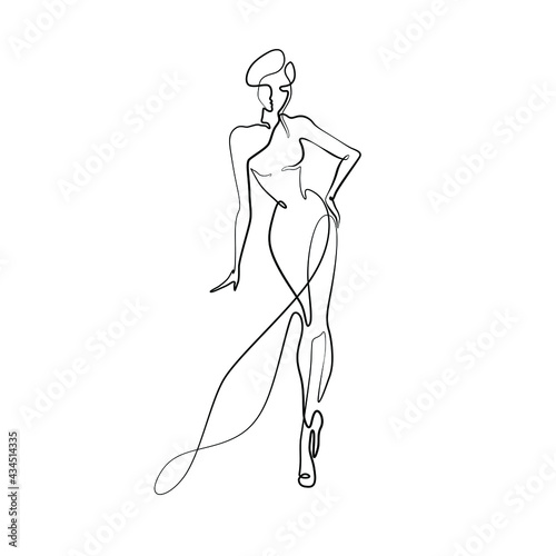 Beautiful fashion woman abstract silhouette, continuous line drawing, girl in long dress, single line on a white background, isolated vector illustration. Tattoo, print and logo design, beauty salon.