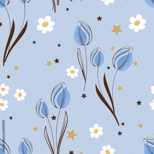 Seamless pattern with tulips, daisy flower and stars on blue background vector illustration. Cute floral print.