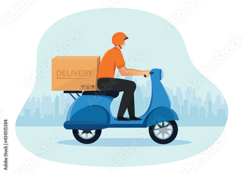 delivery man riding scooter motorcycle Concept of delivery service. vector illustration