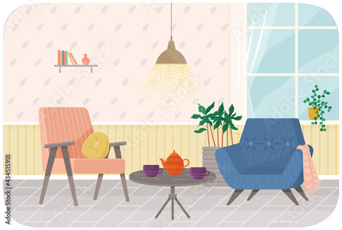Modern room for interior design. Cozy room with furniture and decor accessories. Flat design interior. Planning and arrangement of furniture in apartment. Living room. Home lifestyle. Style house