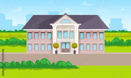 Two-story building with blue windows and roof in green landscape. Trees in pots next to front door. Large and nice nursing home with garden. House for retirees and disabled people, brick construction
