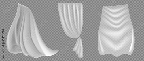 Different shapes curtains on transparent background. Vector illuatration. Cloth curtain with fold isolated on transparent background. Hanging silk fabric for window.