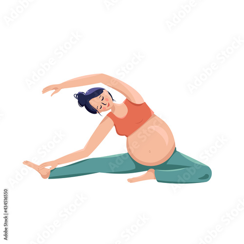 Beautiful pregnant woman goes in for sports. Taking care of the body and health. Waiting for the baby. Stretching during pregnancy