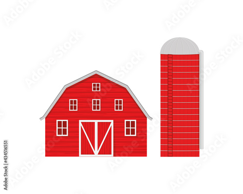 Red wooden barn and agricultural silo for grain storage isolated on white background. American farm buildings front view. Vector cartoon illustration.