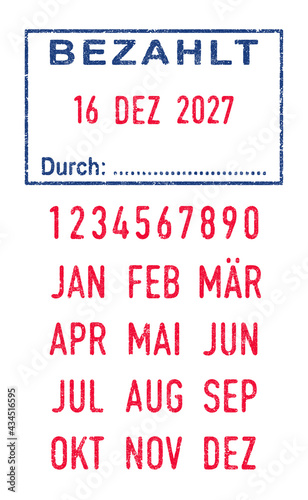 Vector illustration of The German words Bezahlt (Paid) and Durch (By) in blue ink stamp and editable dates (day, month and year) in red ink stamps 