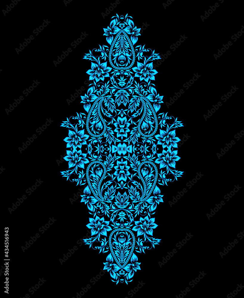 Neckline - blue ethnic pattern with paisley. Gzhel folk art ornament . Vector print Neckline - blue ethnic pattern with paisley. Gzhel folk art ornament . Vector print