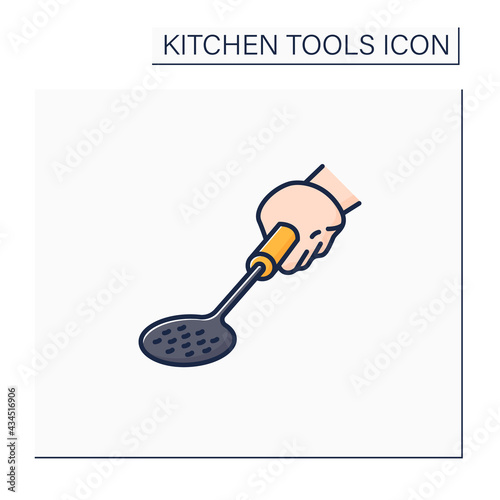 Skimmer color icon. Sieve-like spoon. Skimming cooking liquids, lifting ripened cream from milk. Kitchen tools concept. Isolated vector illustration