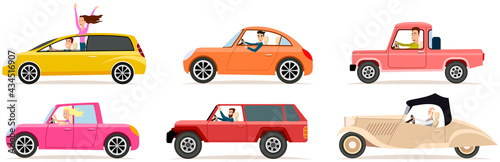 Set of modes of transport and machine shapes. Cartoon characters in transport isolated on white background. Drivers are sitting in cars. Crossover, hatchback, pickup vehicle vector illustration