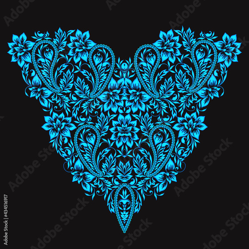 Neckline - blue ethnic pattern with paisley. Gzhel folk art ornament . Vector print