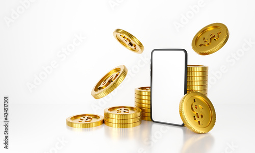 3D rendering of phone mobile money coins falling on white background.