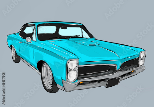 cartoon car american classic muscle car blue illustration