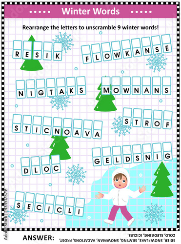 Word game: Rearrange the letters to unscramble 9 winter words! Answer included.
