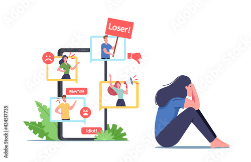 Cyber Bullying, Social Attack, Bully Hate. Teen Crying front of Smartphone Screen after Being Bullied over Internet