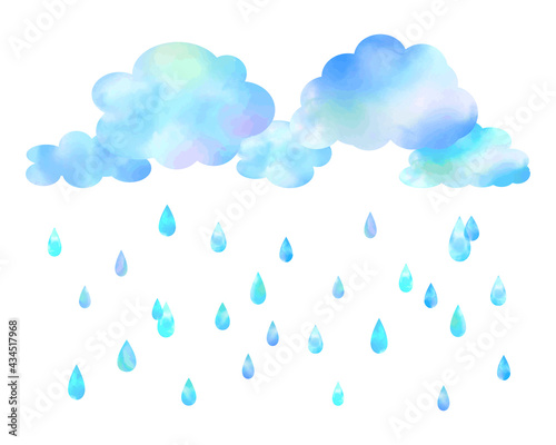 手描き水彩 雨雲と雨のしずくのイラスト