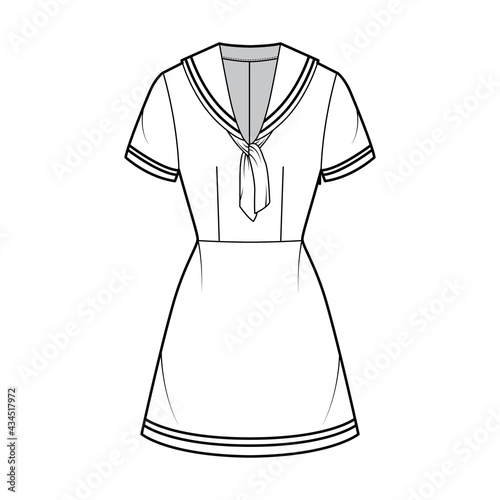 Dress sailor technical fashion illustration with short sleeve, fitted body, middy collar, stripes, mini length pencil skirt. Flat apparel front, white color style. Women, men unisex CAD mockup