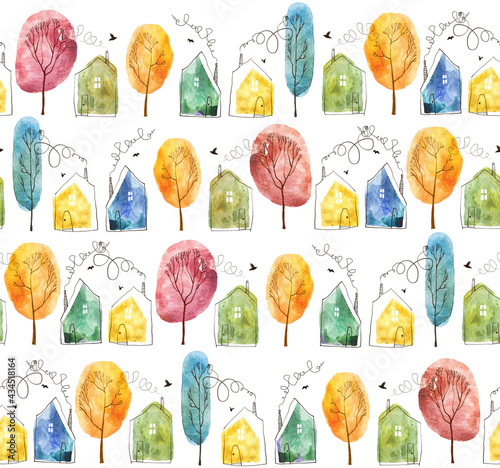 Seamless pattern with hand painted watercolor houses and trees. Isolated on white background.