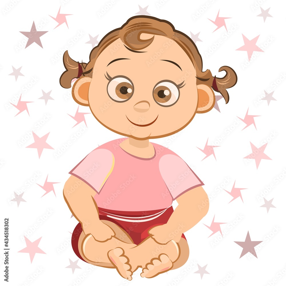 Little child. Girl. Sits playing indulges. Isolated object on a white background. Cheerful kind funny. Cartoons flat style. Preschool age. Childhood Vector. Little child. Girl. Sits playing indulges. Isolated object on a white background. Cheerful kind funny. Cartoons flat style. Preschool age. Childhood Vector.