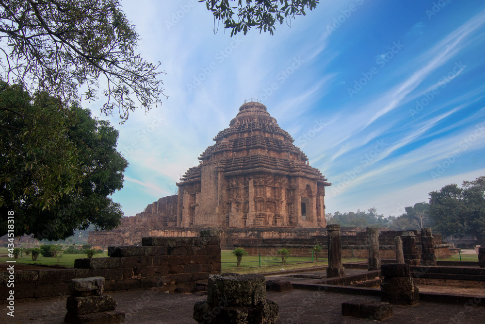 Landscape view of Ancient Indian architecture Konark Sun Temple in Odisha, India. This historic temple was built in 13th century. 