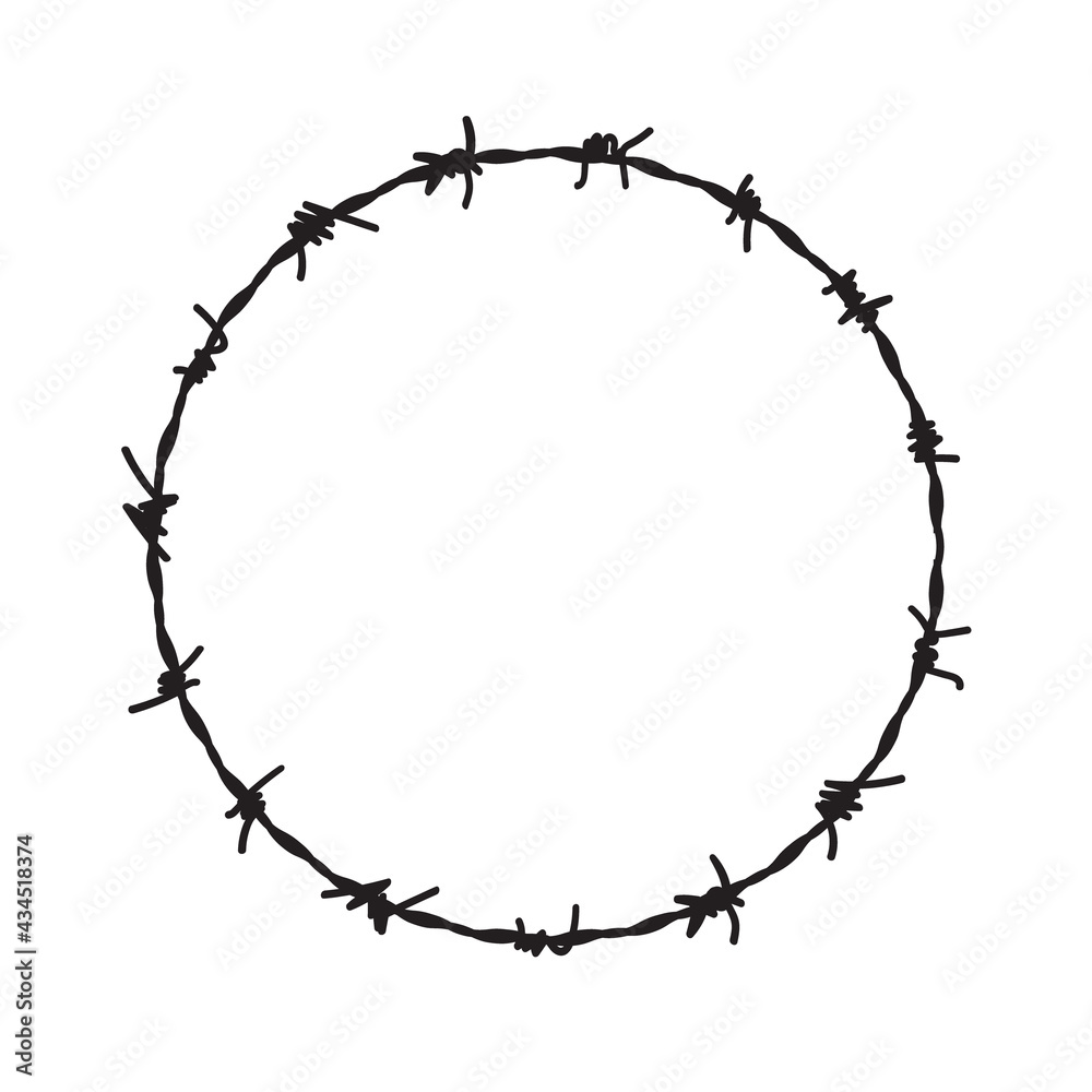 Barb wire circle vector fence frame. Barbed round wire ring prison logo