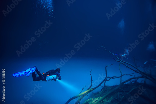 Fotografie, Obraz cenote angelita, mexico, cave diving, extreme adventure underwater, landscape un