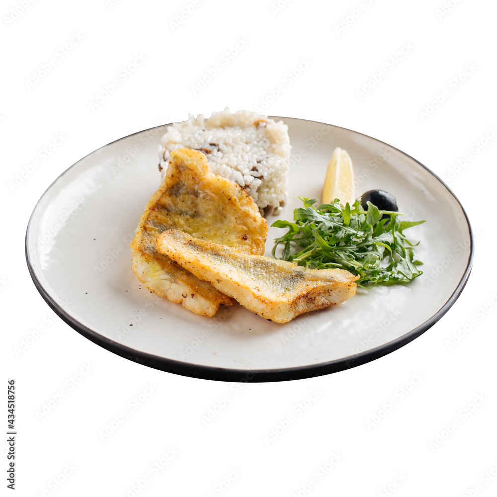 Isolated plate of fried fish fillet with rice on white background Isolated plate of fried fish fillet with rice on white background