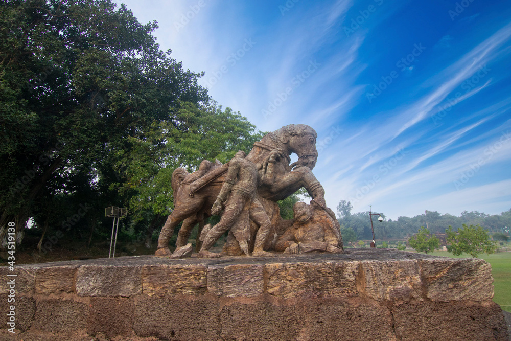 Warrior Rider and War Horse Ancient Stone carving Statue Sculpture at Konark Sun Temple in Odisha ,India 