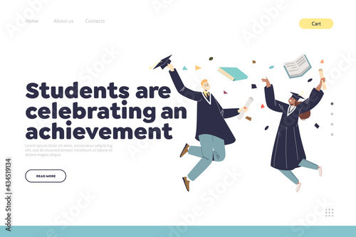 Students celebrating achievement concept of landing page with grads jump cheerful in graduation gown