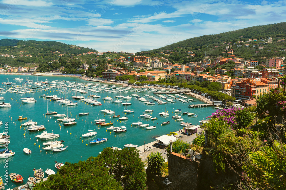 Lerici, Liguria, Italy. June 2020. Amazing seascape of the port seen from the top of the castle overlooking the gulf. Beautiful sunny summer day.