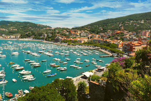 Lerici, Liguria, Italy. June 2020. Amazing seascape of the port seen from the top of the castle overlooking the gulf. Beautiful sunny summer day.