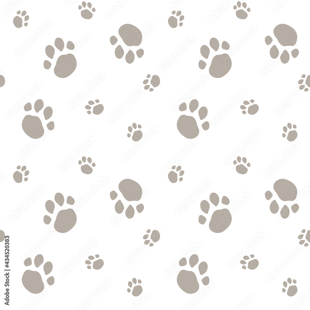 Fototapeta premium Seamless pattern with animal paw prints. Gray paws on a white background. Vector illustration, endless background