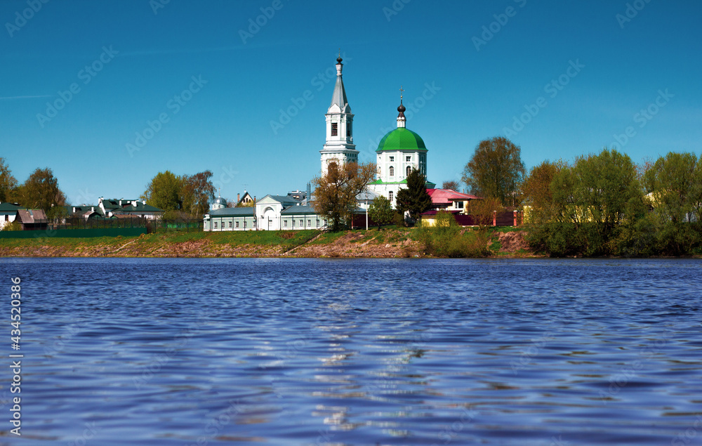 Tver, Russia, May 2021: St. Catherine's Convent in Tver. Monastery on the Volga river in Tver. View from the embankment of the Catherine Monastery in Tver. Tver, Russia, May 2021: St. Catherine's Convent in Tver. Monastery on the Volga river in Tver. View from the embankment of the Catherine Monastery in Tver.