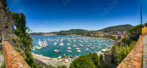 Lerici, Liguria, Italy. June 2020. Amazing seascape of the port seen from the top of the castle overlooking the gulf. Beautiful sunny summer day. Large format panoramic photo.