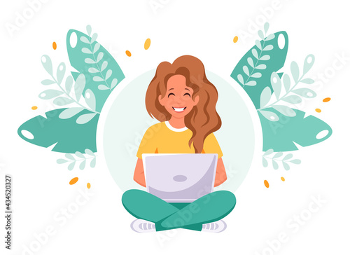 Woman sitting with laptop. Freelance, remote working, home office concept. Vector illustration