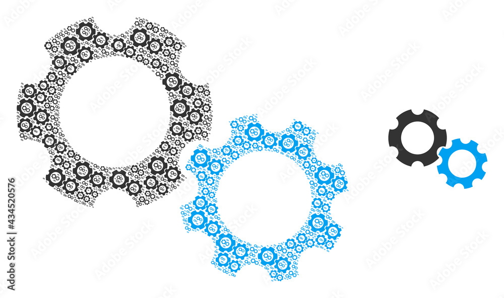 Gears icon mosaic is created from repeating itself gears parts. Recursion vector mosaic from gears parts.