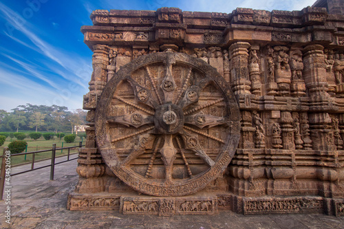 A chariot wheel at the  13th-century CE sun temple at Konark. photo