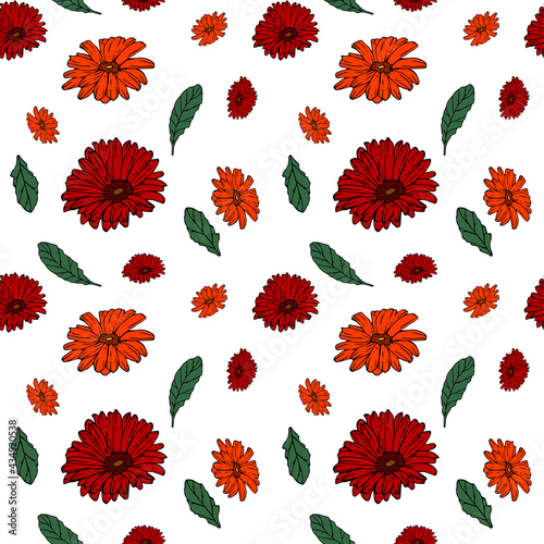 Seamless pattern with bright colored gerberas and leaves. Floral endless background for seasonal spring and summer designs.