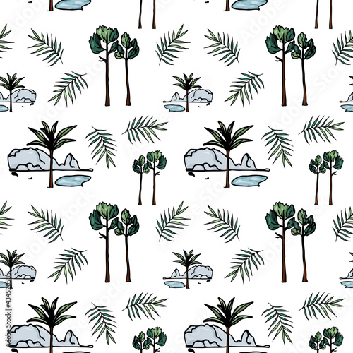 Floral seamless pattern - tropical trees and leaves. Vector illustration in hand drawn style
