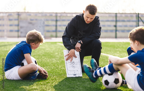 Young Soccer Coach Explaining to Kids Tactics Details. Children on Football Training. School Boys in Blue Uniforms Sitting on Grass Pitch. Youth Sports Team Improving Skills With Trainer