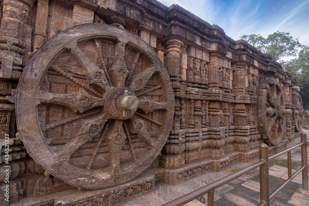 The famous chariot wheels architecture at ancient 13th century Sun temple in Konark, Odisha, India.