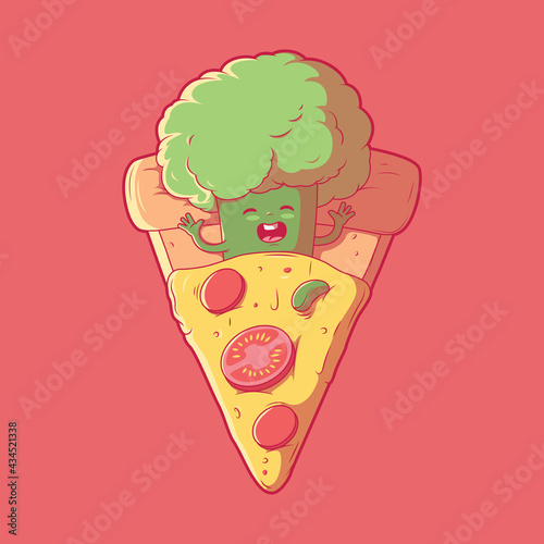 Broccoli character sleeping in a slice of pizza vector illustration. Food, funny design concept.