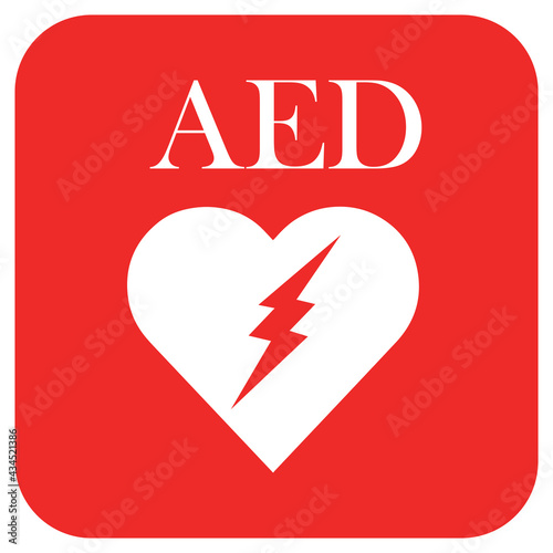 AED,automated external defibrillator / aed sign with heart and electricity symbol flat vector icon	