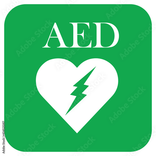 AED,automated external defibrillator / aed sign with heart and electricity symbol flat vector icon	