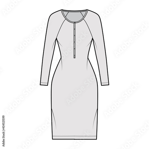 Dress henley collar technical fashion illustration with long raglan sleeves, fitted body, knee length pencil skirt. Flat apparel front, grey color style. Women, men unisex CAD mockup