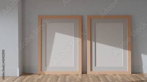 Two posters mockup, natural wooden frame. 3D rendering