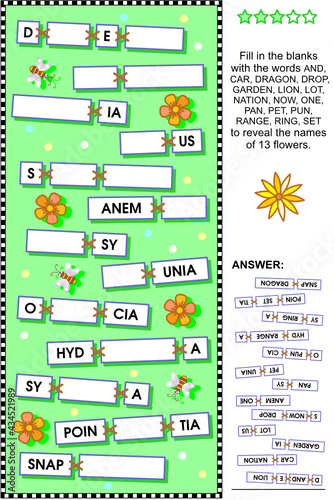 Word puzzle or word game: guess the names of various flowers. Answer included.
