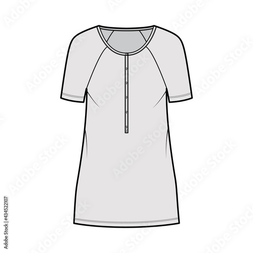 Dress henley collar technical fashion illustration with short raglan sleeves, oversized body, mini length pencil skirt. Flat apparel front, grey color style. Women, men unisex CAD mockup