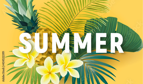 Summer tropical vector design for banner or flyer with exotic palm leaves, flowers and typography.