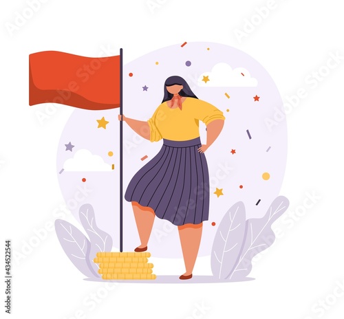 A woman in business attire stands in a confident pose and holds the winners flag. Goal achievement concept. Flat vector illustration.