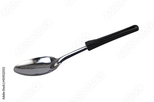 A ladle with a black plastic handle on a white background