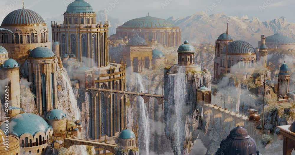 Environment Panoramic View of Sci-Fi Dome Castle, floating island and waterfall 
